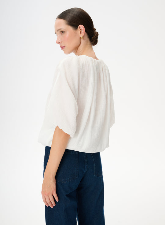 White pleated crinkle fabric T-shirt with a bubble fit - Como