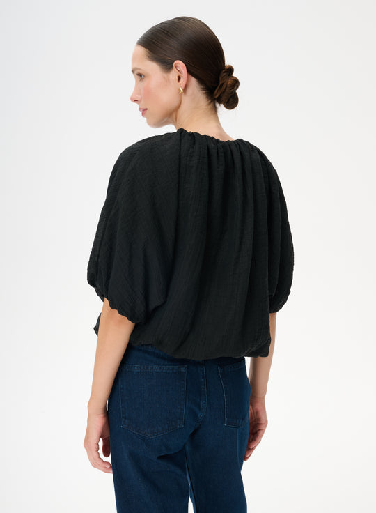 Black shirred T-shirt with a bubble hem - Como